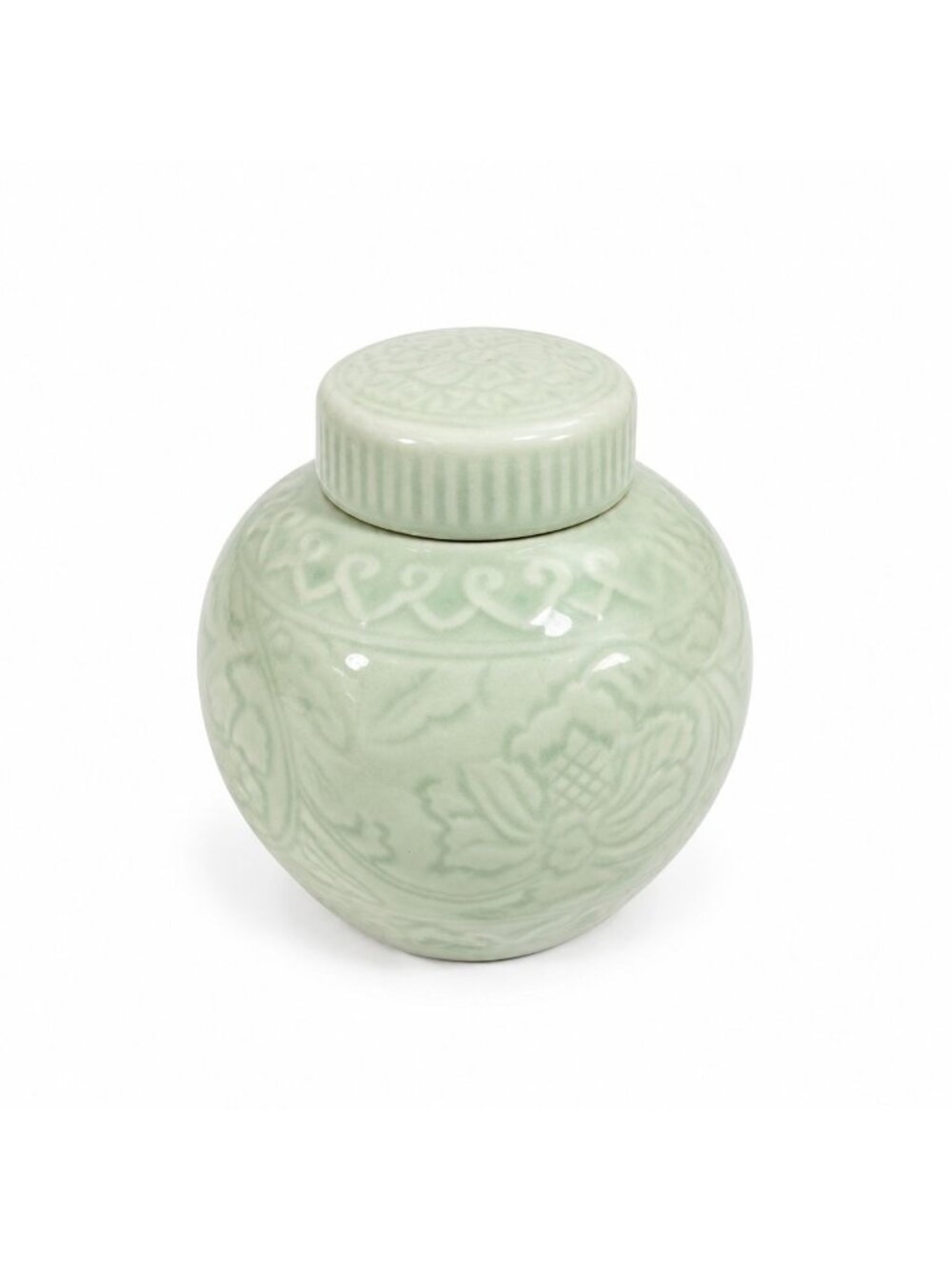 Ginger Jar Celadon Embossed Floral Porcelain Lidded Vase Chinoiserie Vintage Tra